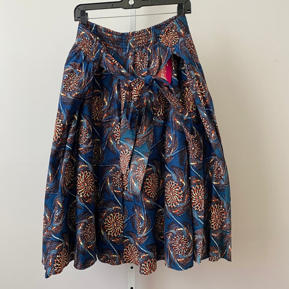 Swirl Cotton Boho Beachy Relaxed Lagenlook Peasant Midi‎ Skirt OS Blue